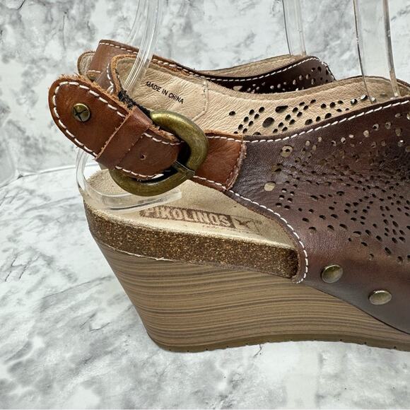 PIKOLINOS Benissa Sandal Womens 38/US 7/7.5 Brown Leather Slingback Wedge Buckle - Picture 8 of 15